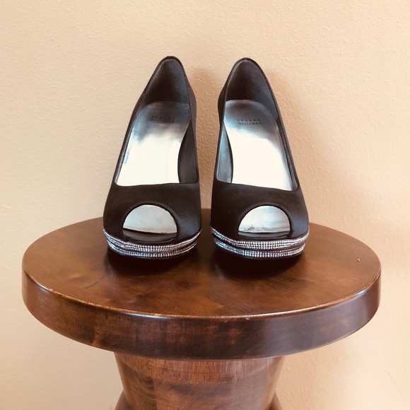 Stuart Weitzman Satin & Crystal Embossed Peep Toe - Picture 7 of 8